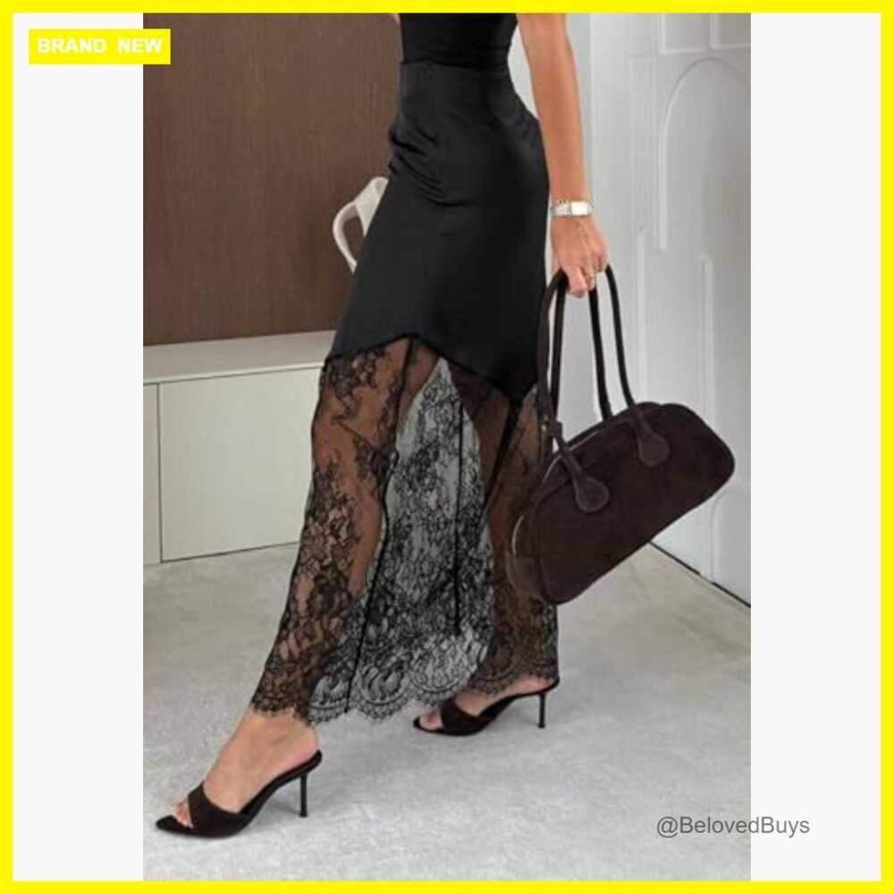 Long Lace Maxi Skirt Satin Sheer Patchwork A-Line Elastic Waist Boho - Picture 4 of 7